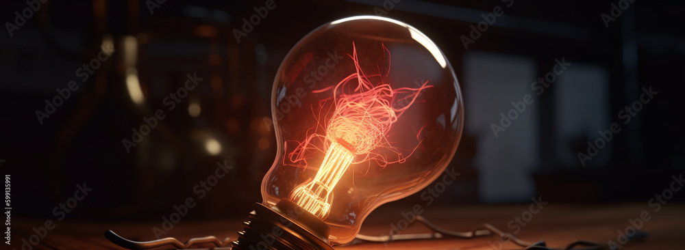 electric light bulb with a red light coming out of it. Generative Ai