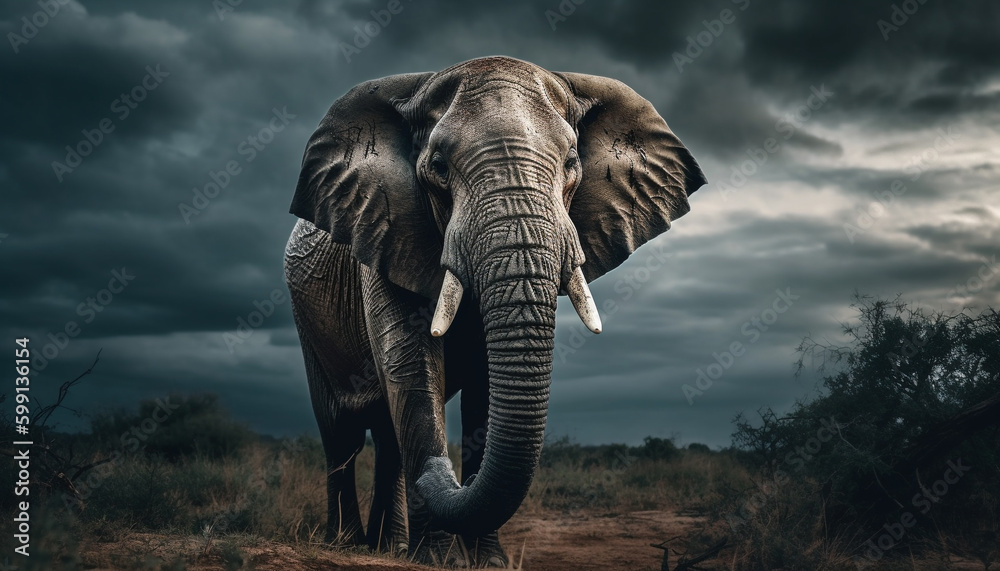 Fototapeta premium Majestic elephant walking in African wilderness area generated by AI