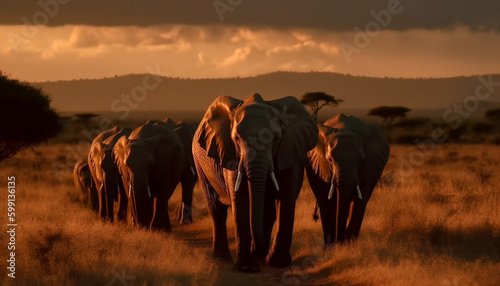 African elephant herd grazing in the savannah generated by AI © djvstock