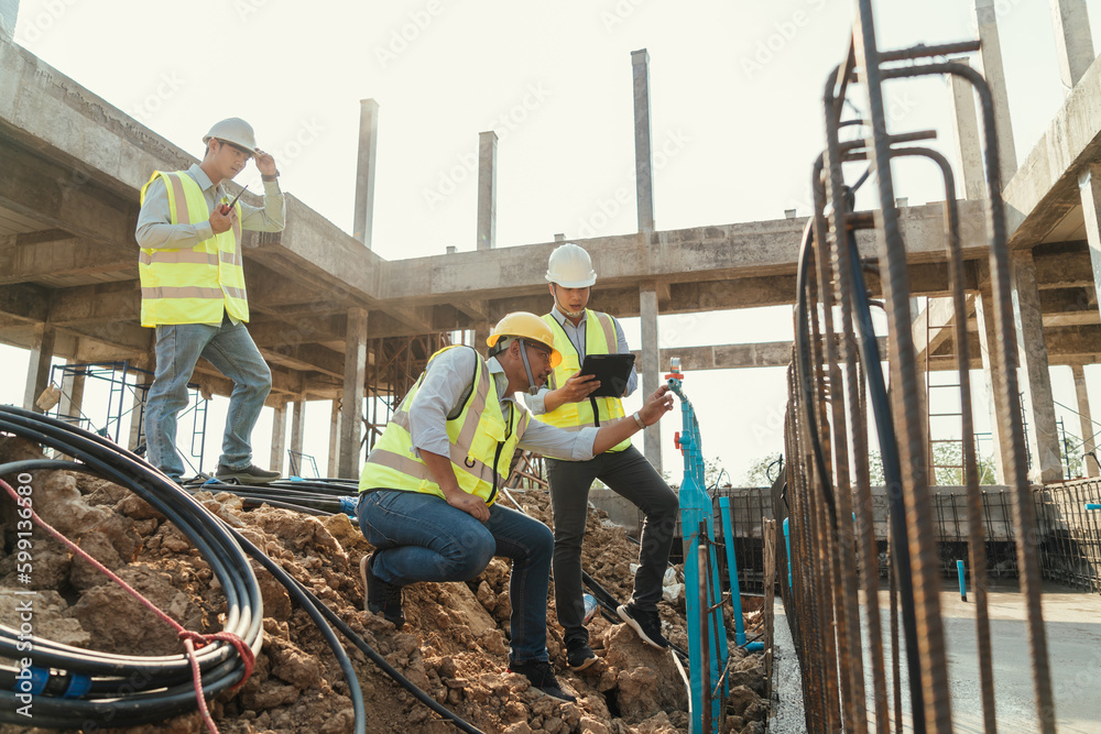 Team Mechanical engineer working installation PVC pipe and pneumatic