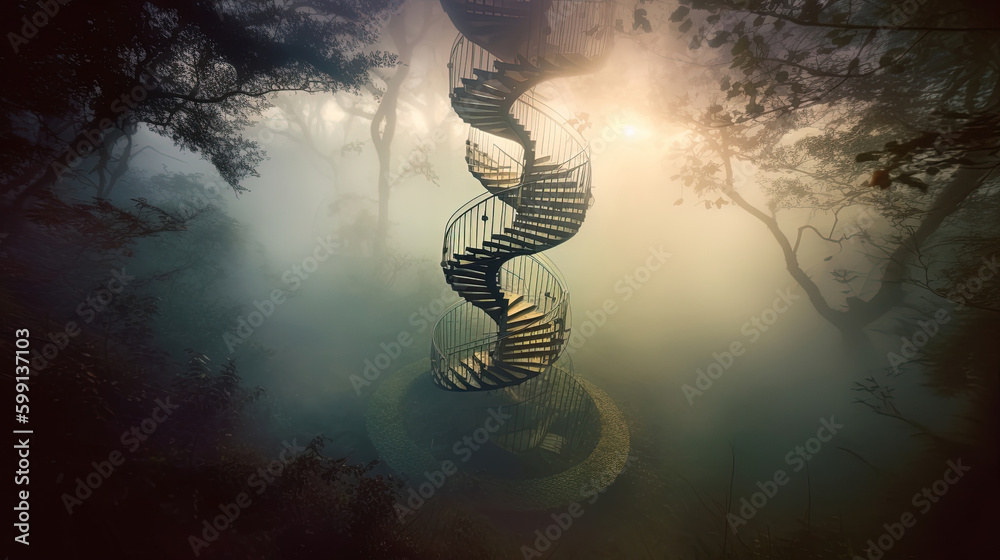 Obraz premium spiral stairs leading top nature fantasy Generative Ai