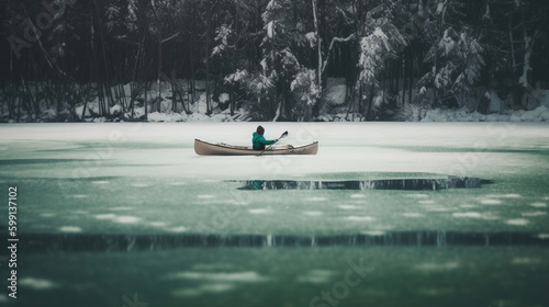 a person on a boat in a ice covered lake.Generative Ai