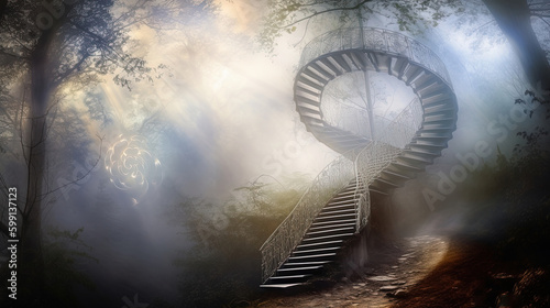 spiral stairs leading top nature fantasy Generative Ai