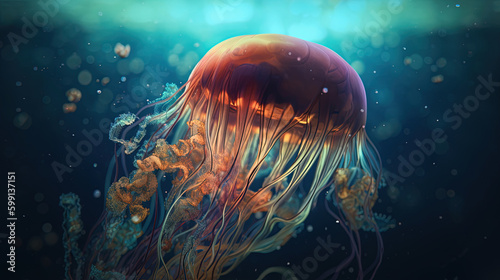jelly fish under water. Generative Ai © Shades3d