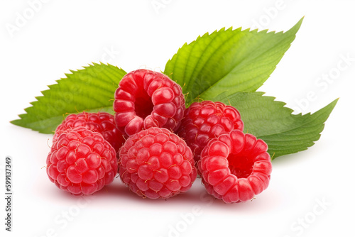 raspberries with leaf isolated on white background