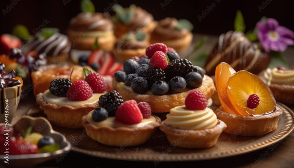 Fresh berry tart with chocolate indulgence decoration generated by AI