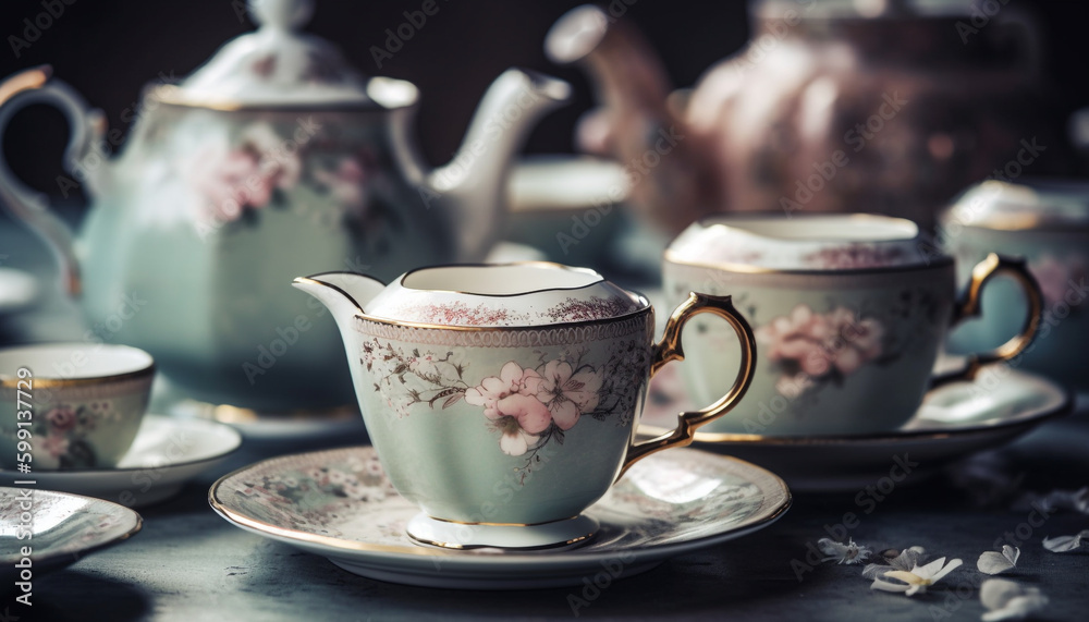 Hot drink set on ornate antique saucer generated by AI Hot drink set on ornate antique saucer generated by AI