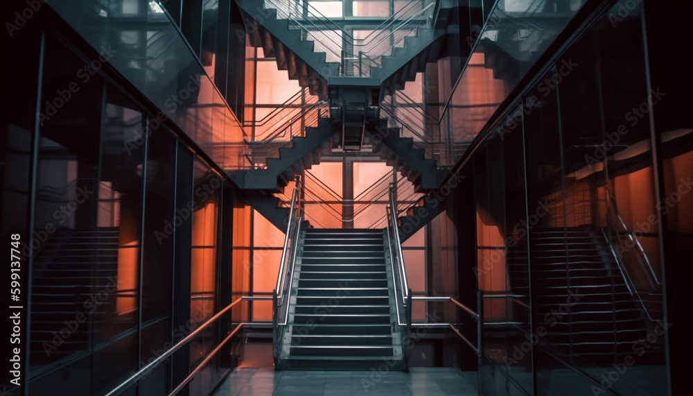Futuristic steel staircase reflects bright blue light generated by AI Futuristic steel staircase reflects bright blue light generated by AI