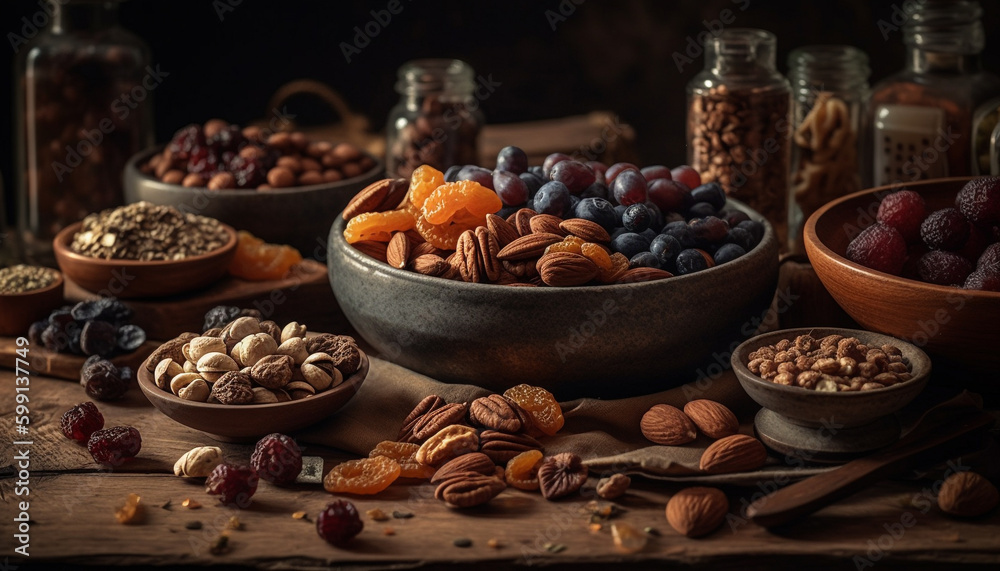 Healthy bowl of fresh fruit and nuts generated by AI