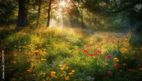 Sun kissed meadow blooms in vibrant wildflowers generated by AI