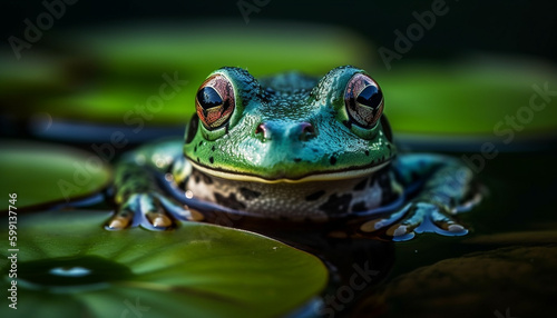 Green toad sitting on wet leaf staring generated by AI