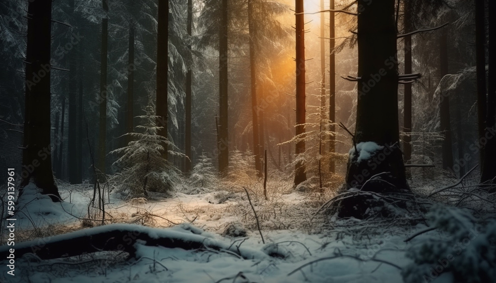 Fototapeta premium Tranquil forest scene, winter mystery in nature generated by AI