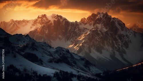 Majestic mountain range, tranquil scene, awe inspiring beauty generated by AI