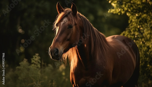 Stallion grazes in tranquil meadow at dusk generated by AI © djvstock