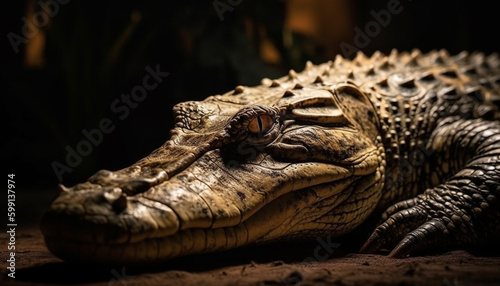Large crocodile resting in tropical rainforest environment generated by AI