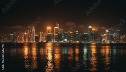 Illuminated skyline reflects on water, city nightlife glows generated by AI © djvstock