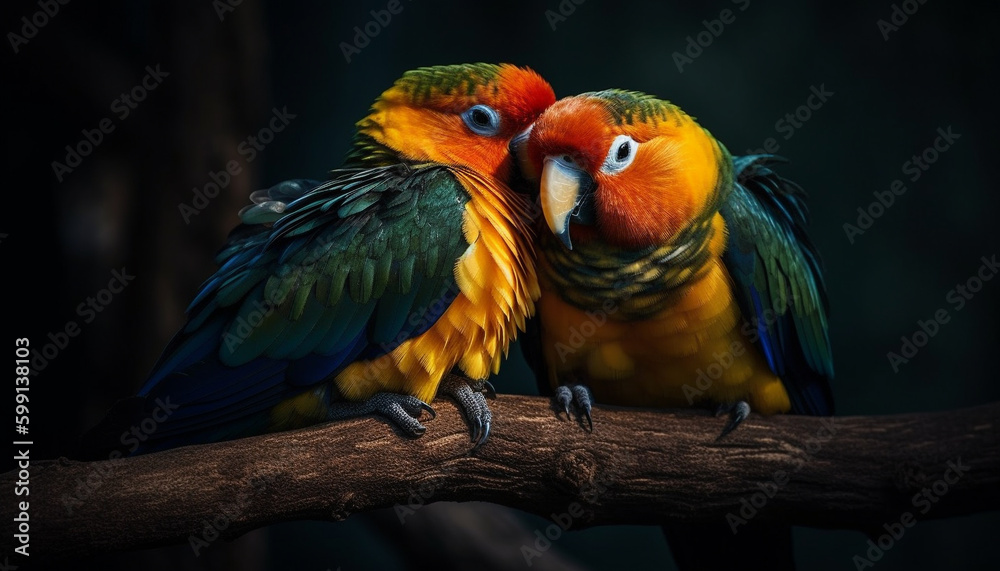 Vibrant macaw perching on branch, looking cute generated by AI