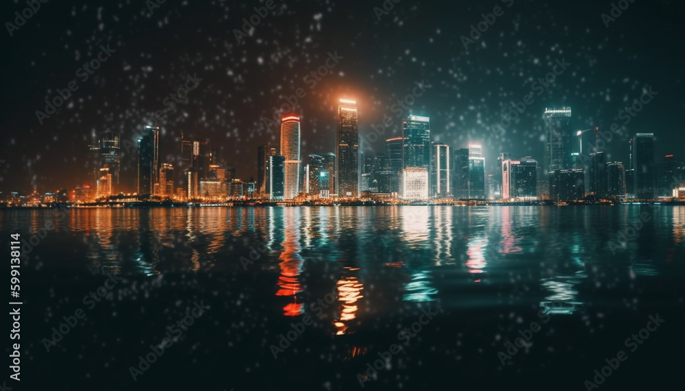 Illuminated skyline reflects on dark waterfront water generated by AI