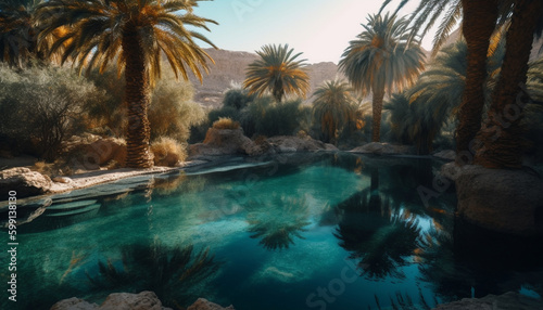 Tranquil scene of palm trees by water generated by AI
