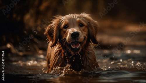 Cute puppy playing in the water, splashing joyfully generated by AI © djvstock