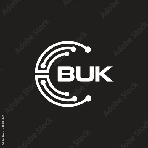 BUK letter technology logo design on black background. BUK creative initials letter IT logo concept. BUK setting shape design.
