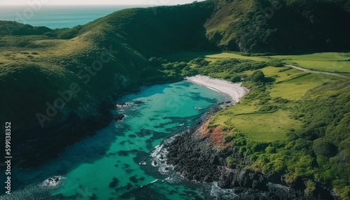 High up, drone captures tranquil coastal beauty generated by AI