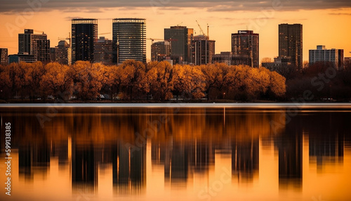 Silhouette of skyscrapers against vibrant sunset sky generated by AI