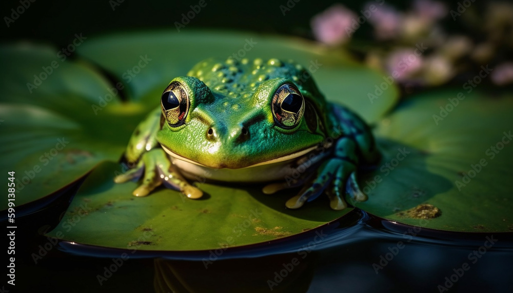 Green toad sitting on wet leaf outdoors generated by AI Green toad sitting on wet leaf outdoors generated by AI