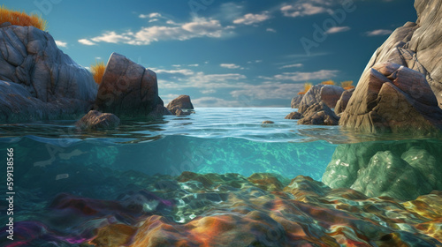 landscape of sea and giant stones.Generative Ai