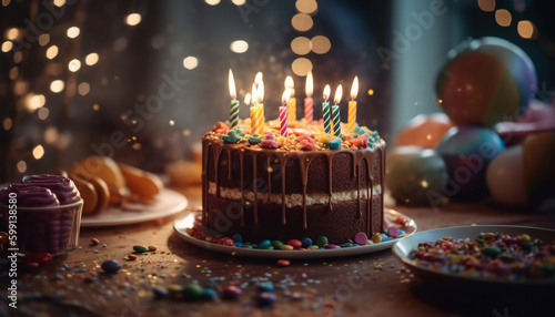 Burning candles illuminate birthday cake and decorations generated by AI