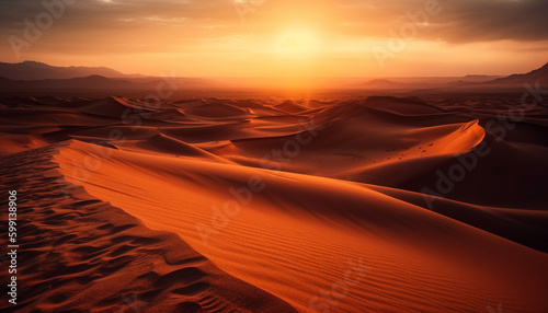 Rippled sand dunes  majestic mountains at sunset generated by AI