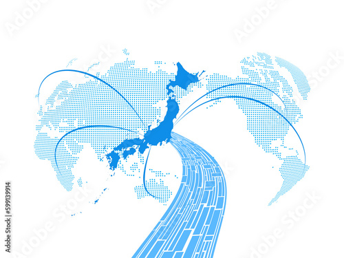白のバックに日本を中心とした世界地図の中で日本経済の発展をイメージ