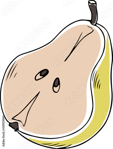 Lineart style vector yellow pear halved with leaf black outline on white background isolated