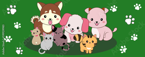 dog cat cute pets Collection of graphic drawing sets, pets, puppies, kittens, illustrations. © nisa_design