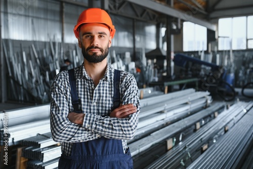 Принти на полотні Factory worker measures the metal profile
