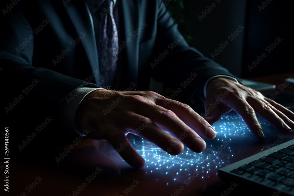 the hands of Businessman pressing on computer screen with Generative AI