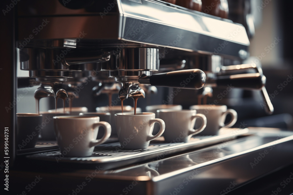 espresso machine dispenses coffee into cups on stainless steel espressor with Generative AI