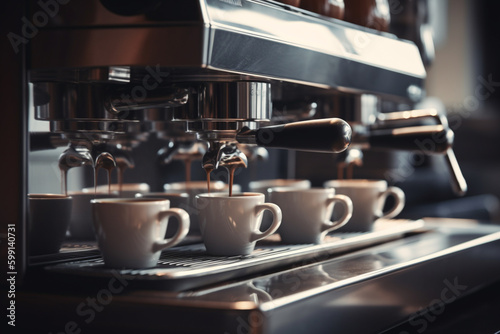 espresso machine dispenses coffee into cups on stainless steel espressor with Generative AI
