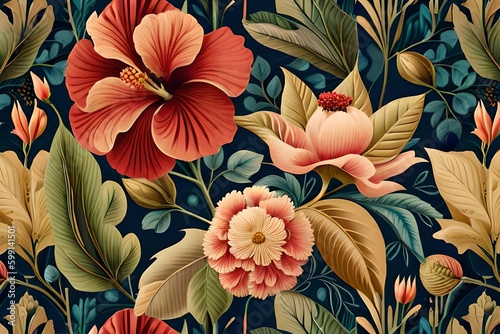 Wallpaper Mural Beautiful background with hibiscus flowers and leaves Generative AI Torontodigital.ca