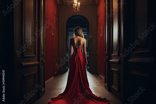 Red Dress Gorgeous Woman Backdrop Generative AI
