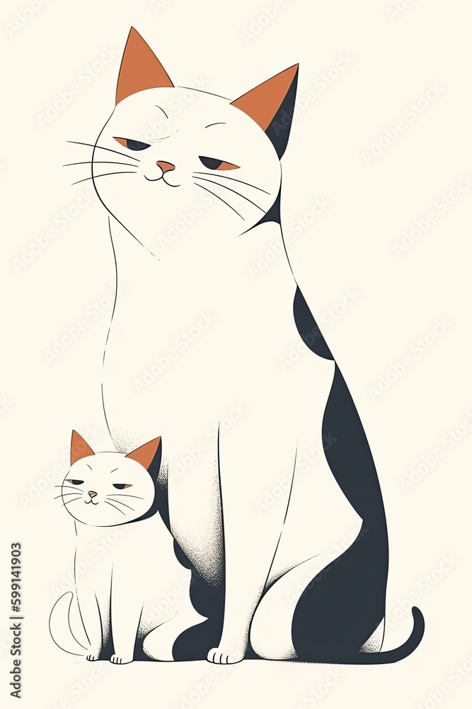Abstract minimalist illustration of cat and kitten. Calico cat silhouette drawing. Adorable cartoon feline.