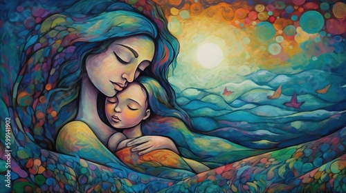 Abstract Mother's Day portrait art. Mother and child. Symbol of maternal love. Baby, daughter, son illustration.