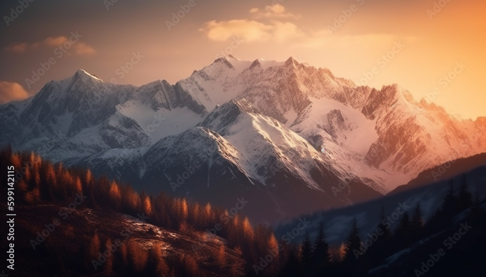 Majestic mountain range, tranquil scene, panoramic beauty generated by AI