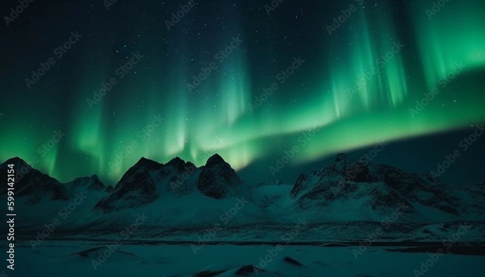 Majestic mountain range illuminated by aurora polaris generated by AI