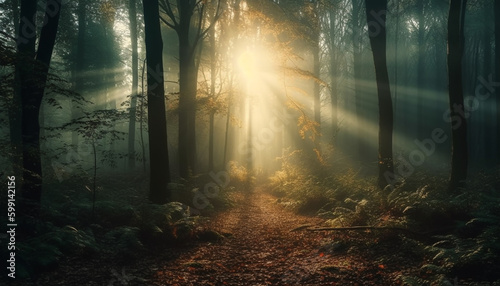 Mysterious forest, tranquil scene, back lit beauty generated by AI