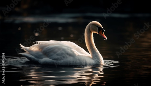 Majestic swan reflects natural beauty in tranquil pond generated by AI