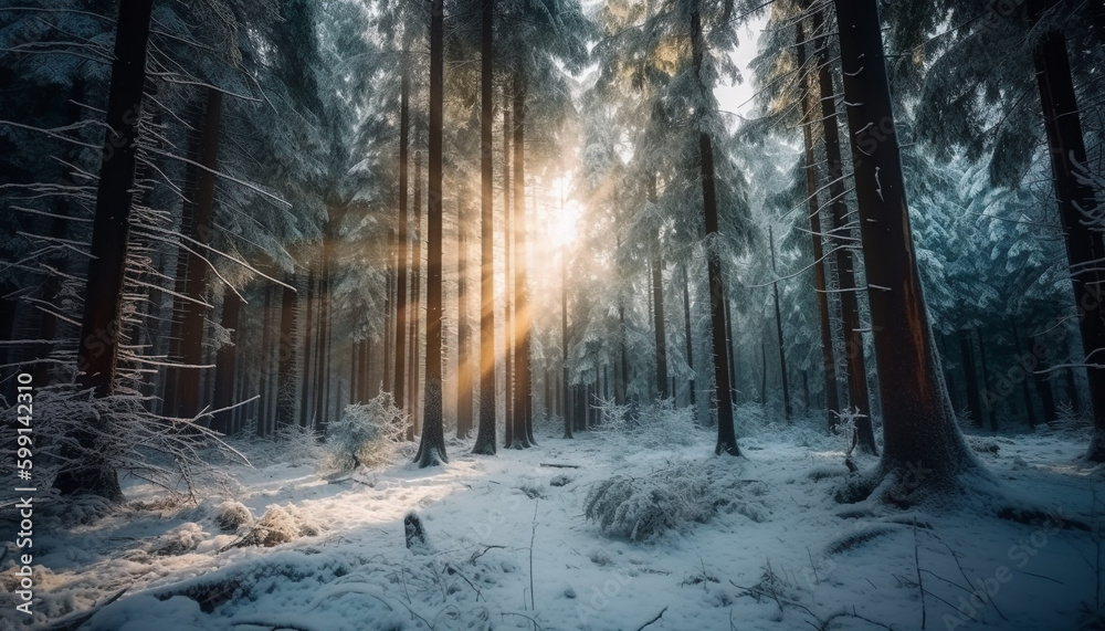 Obraz premium Frosty pine tree stands in tranquil winter forest generated by AI
