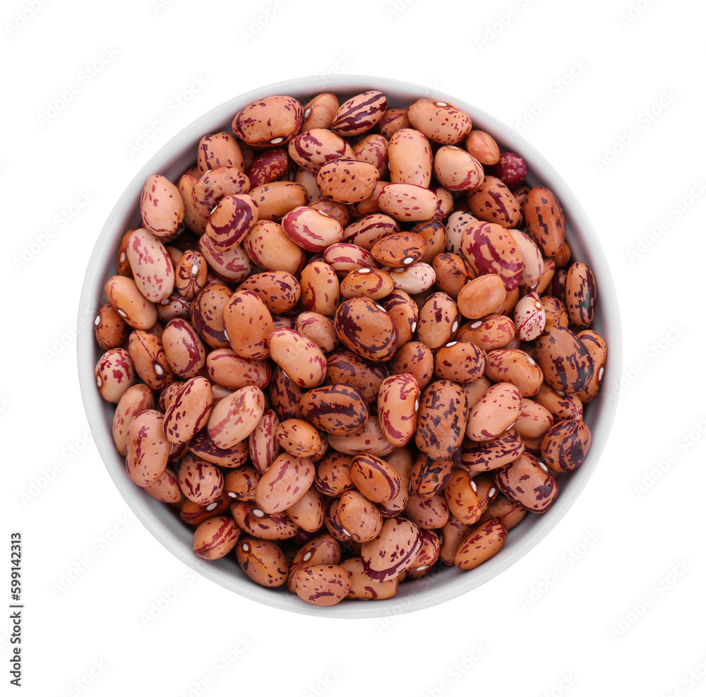 Bowl with dry kidney beans isolated on white, top view
