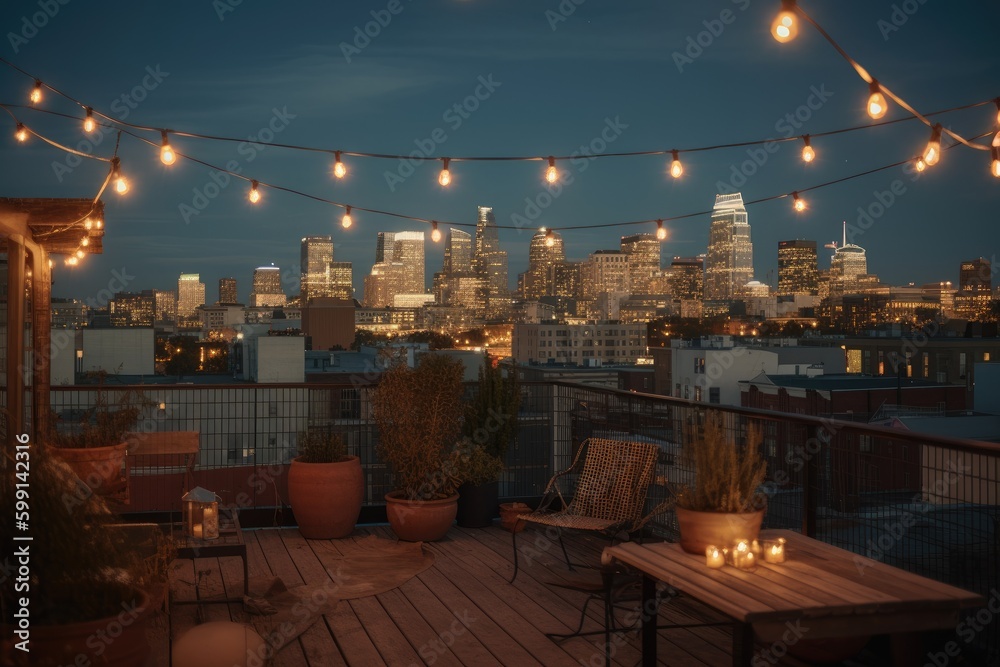 Rooftop patio with a city skyline at dusk. Urban outdoor seating area with scenic view of skyscrapers at night.