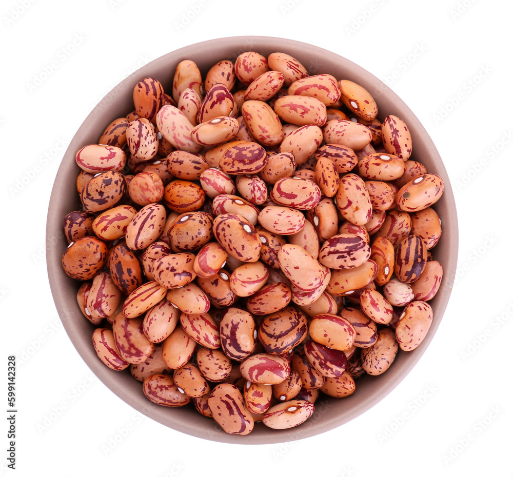 Bowl with raw kidney beans isolated on white, top view